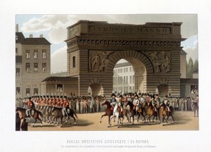 Die Alliierten zogen am 31. März 1814 in Paris ein (Russland Alexander I., der österreichische Kaiser Franz I. und der preußische König Friedrich Wilhelm III.) Kupferstich von 1826