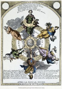 Almanach de vilage „Nach dem Krieg, Frieden, nach dem Frieden, Krieg“: Schrank gehalten auf dem Land und entworfen in einem Sinn von sanfter Philosophie, um in den Massen den Geist der Resignation angesichts der Nöte der Zeit zu wecken - 17. Jahrhundert von Unknown artist