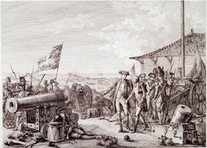 Amerikanischer Unabhängigkeitskrieg: Die Schlacht von Grenada am 6. Juli 1779 zwischen der britischen Royal Navy und der französischen Marine (Gravur)