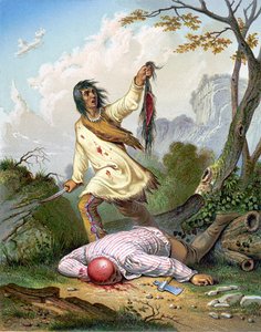 Ein amerikanischer Indianer hält ein Messer und eine Kopfhaut über einen am Boden liegenden Mann. Gravur um 1860