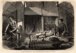 Ein annamitisches Interieur in Lakon (Laos). Gravur zur Illustration der Entdeckungsreise in Indochina, von Francis Garnier, Leutnant de Vaissseau, 1866-1868, veröffentlicht in „Le tour du monde“ 1870-1871, herausgegeben von Edouard Charton, Edition Hachet