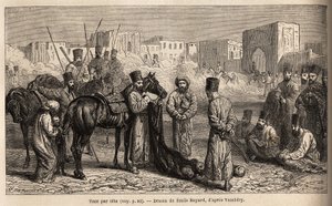 Ein Buchhalter des Khans erhält die Lieferung der Köpfe von Feinden und Geiseln, Frauen und Kinder an die Schweifenden Pferde gebunden. Zeichnung von Emile Bayard, zur Illustration der Reise nach Zentralasien, 1863, von Arminius Vambery (ungarischer Wissen