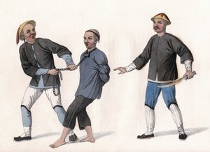 Ein Angeklagter wird ins Gefängnis gebracht, an einer Kette um den Hals gebunden. Gravur, in „Die Strafen der Chinesen“, London