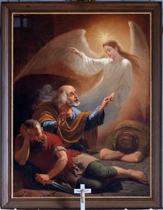 Ein Engel befreit den heiligen Petrus aus dem Gefängnis, gezeichnet von F. Devigne (?) von Unknown artist
