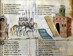Eine Armee nähert sich einer Burg. Miniatur aus dem „Roman de Troy“ von Benoit de Sainte Maure. 14. Jahrhundert, Biblioteca Marciana, Venedig von Unknown artist