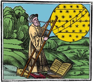 Ein Astronom stellt eine Leiter auf, um in den Himmel zu steigen. von Unknown artist