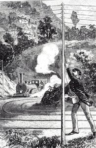 Eine Gravur, die einen Zugarbeiter zeigt, der ein Notsignal auf einem Eisenbahntelegraphen sendet von Unknown artist