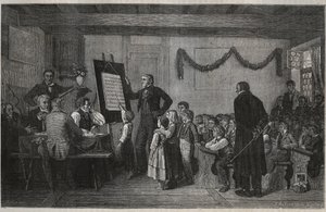 Eine Prüfungssitzung in einer Schweizer Schule - Kupferstich in „La Suisse“ von Jules Gourdault