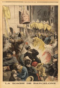 Anarchistischer Anschlag in Barcelona, Bombenexplosion in der Prozession, die die Kirche Santa Maria verlässt, Straße Nuevos Cambios. Gravur in „Le petit journal“ 21/06/1896. Sammlung Selva. von Unknown artist