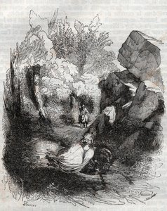 Angelique (Angelica) flieht vor dem alten Einsiedler - Gravur von 1851 aus „Roland der Rasende“ (Orlando furioso) (16. Jahrhundert) von Ludovico Ariosto, bekannt als der Ariosta - Ausgabe, übersetzt aus dem Italienischen von Graf von Tressan und veröffentl