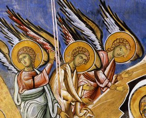 Engel der Verkündigung, Fresko (1192), Panayia Tou Araka Kirche (Kirche Unserer Lieben Frau von Erbsen) (Unesco-Welterbeliste, 2001), Lagoudhera, Troodos-Gebirge, Zypern von Unknown artist