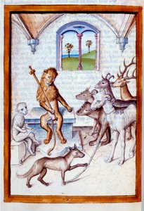 Tiere in menschlicher Haltung: Der Löwe, König der Tiere, gibt Ziegen, Hirschen und Rehen Befehle und hilft einem Feliden in der Haltung eines Schreibers. Miniatur aus Bidpais "Fabeln" ins Deutsche übersetzt