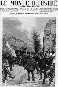 Anti-Bäckerei-Demonstration: Demonstration auf dem Saint-Michel-Platz, bei der Kopien der „Laterne“ verbrannt werden. Gerardin-Zeichnung für das Cover von „Die illustre Welt“ von 1888. von Unknown artist