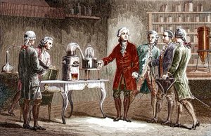 Antoine Laurent Lavoisier (1743-1894) führt die Zersetzung der Luft im Jahr 1776 durch - Antoine Laurent Lavoisier, englischer Chemiker, zeigt anderen Wissenschaftlern sein Experiment, das die Zusammensetzung der Luft im Jahr 1776 enthüllte - Gravur von Lo