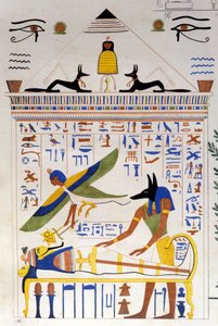 Anubis kümmert sich um die Mumie, während die Seele des Verstorbenen zur Transmigration fliegt - in „Denkmäler von Ägypten und Obernubien“ von Ippolito Rosellini (Rossellini)