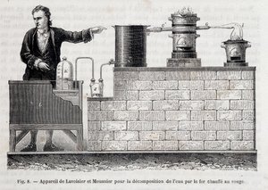 Apparat von Antoine Laurent de Lavoisier und Meusnier zur Zersetzung von Wasser durch rotglühendes Eisen - in „Les wonders de l