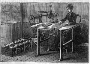 Anwendung von Faure-Batterien: Schneidemaschine für Stoffe, betrieben durch den Akkumulator. In „Le Monde Illustré“
