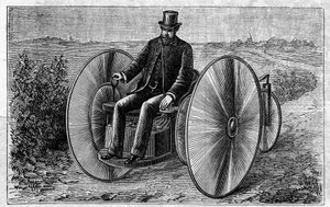 Anwendung von Faure-Batterien: elektrisches Dreirad, das sich durch den Akkumulator bewegt. Gravur in „Le Monde Illustré“ von Unknown artist