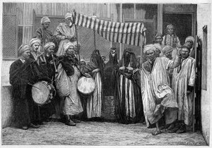 Arabischer Brauch in Ägypten: Brautzug in Kairo. Gravur in „Le Monde Illustré“ von Unknown artist