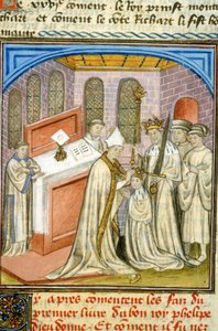Erzbischof krönt Philippe Auguste im Jahr 1179 - Illumination des Mittelalters (Ref. 512, 226r) Genehmigung der Stadtbibliothek Toulouse einholen (Tel.: 05 62 27 66 66)