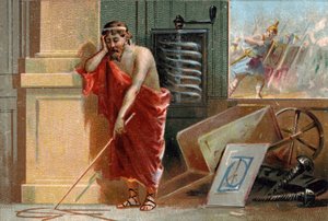 Archimedes von Syrakus (287-212 v. Chr.) zeichnet geometrische Formen auf den Boden, bald von römischen Soldaten gestoppt. In seiner Werkstatt erkennt man seine verschiedenen Erfindungen: die Schraube und die Schubkarre. Chromolithographie des 19. Jahrhund