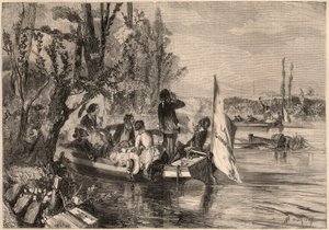 Rund um Paris im Jahr 1857. Die Kanuten in Asnières. Gravur in „Le Monde illustré“ von 1857. Private Sammlung.