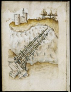 Anordnung einer Holzbrücke - Manuskript: Pergamentblatt aus einem Ingenieurshandbuch für den Bau ziviler, religiöser und militärischer Gebäude, anonym, Ende des 15. Jahrhunderts (Figur in chinesischer Tinte) von Unknown artist