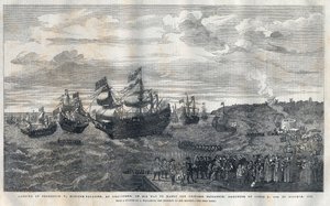 Ankunft von Friedrich V. von der Pfalz (1596-1632) im Hafen von Gravesend zur Heirat mit Prinzessin Elisabeth von England (1596-1662), Tochter von König James I. (1566-1625) am 16. Oktober 1612. Er wurde von James Hay (1. Earl of Carlisle) empfangen. von Unknown artist
