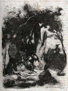 Ankunft von Rodomont und Mandricard am Brunnen von Merlin - Gravur von 1851 aus „Roland furieux“ (Orlando furioso) (16. Jahrhundert) von Ludovico Ariosto, bekannt als der Ariosta - Ausgabe übersetzt aus dem Italienischen von Graf von Tressan und veröffentl
