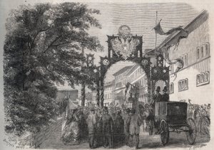 Ankunft der Kaiserin Elisabeth von Österreich (Sissi) in Bad Kissingen (Kurort) im Jahr 1865 - Gravur in „The Illustrous World“ von 1865 von Unknown artist