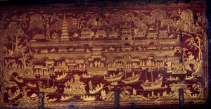 Ankunft der Portugiesen in Nanjing (Nanking oder Namquin), China. Schachtelabdeckung mit roter und goldener Farbe bemalt. 17. Jahrhundert von Unknown artist