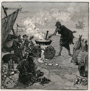 Die Kunst des Glases: Entdeckung der Vitrifikation nach Plinius dem Älteren (23-79 n. Chr.). In der Antike scheiterten Händler an einem Strandfeuer mit Kali-Pflanzen unter den Brennstoffen. Diese Pflanzen liefern genug Soda, um Glas durch Mischen mit Sand  von Unknown artist