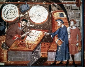 Handwerksladen im 14. Jahrhundert. Miniaturmanuskript aus dem 14. Jahrhundert. Biblioteca Medicea Laurenziana, Florenz. von Unknown artist