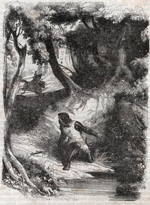Astolphe am Rand eines Brunnens - Gravur von 1851 aus „Furioser Roland“ (Orlando furioso) (16. Jahrhundert) von Ludovico Ariosto, bekannt als der Ariosta - Ausgabe übersetzt aus dem Italienischen von Graf von Tressan und veröffentlicht von Gustave Harvard