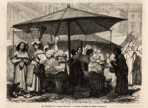 Am Fuße der Piazza Navona, Rom (Italien). Gravur zur Illustration der Reise nach Rom, von Francis Wey, 1864-1868, veröffentlicht in „Le tour du monde, nouveau journal des voyages“, unter der Leitung von Edouard Charton