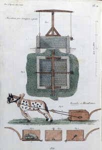 Oben, Feldbewässerungssystem, unten ein Zugpferd. Tafel aus „Giornale dell
