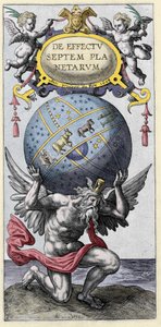 Atlas trägt die Welt. Gravur aus dem frühen 17. Jahrhundert