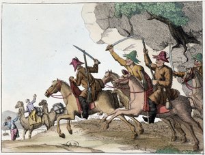 Angriff auf eine Kamelkarawane durch eine Gruppe von Kirgisen zu Pferd, Ende 19. Jahrhundert von Unknown artist