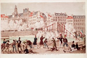 Angriff auf das Rathaus von Paris und die Schlacht an der Brücke von Arcola, 28. Juli 1830 (Gravur) von Unknown artist
