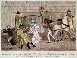 Angriff auf den Herzog von Berry durch Louis Pierre Louvel beim Verlassen der Oper am 13. Februar 1820 (Gravur des 19. Jahrhunderts)