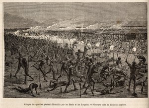 Angriff auf das Hauptquartier von Ismailia (Ägypten), durch eine Koalition von Baris und Loquias, bewaffnet mit Bogen und Pfeil, Sir Bakers Expedition wehrt sich mit Gewehren und schlägt die Angreifer zurück, Gravur zur Illustration einer bewaffneten Exped von Unknown artist