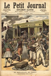 Angriff auf einen Zug durch Räuber in der Nähe von Cherkessklui, nach der Organisation der Entgleisung des Zuges, fangen Athanos und seine Räuber die Passagiere, um sie gegen ein Lösegeld auszutauschen. Gravur in „Le petit journal“ 20/06/1891. Selva-Sammlu