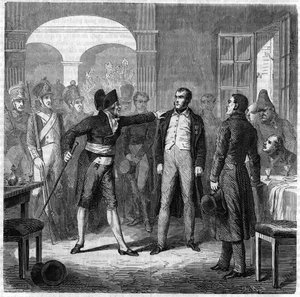 Versuchter Aufstand der Stadt Toulon: Verhaftung des Carbonaro (Kohlenmacher) Armand Valle, ehemaliger Hauptmann der napoleonischen Armeen im Jahr 1822. von Unknown artist
