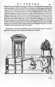 Automatischer Mechanismus von Heron von Alexandria (der Ältere) (1. Jahrhundert) zum Öffnen und Schließen der Türen eines Tempels. Heron, Spiritalia