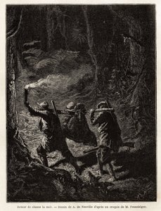 Rückkehr von der Jagd in der Nacht, die Beute, ein Bär, ist gefesselt und an einem Ast aufgehängt, den die Jäger auf der Schulter tragen. Gravur zur Illustration der Geschichte "Quatre mois en Florida", von M. Pousselgue, 1851-1852, veröffentlicht in "le t von Unknown artist