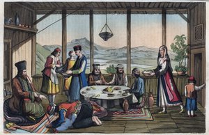 Festmahlsszene in Griechenland im 19. Jahrhundert - Gravur aus „Usi e Costumi di Tutti i Popoli dell