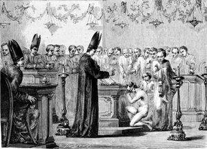 Taufe bei den Mormonen. 19. Jahrhundert Gravur. von Unknown artist