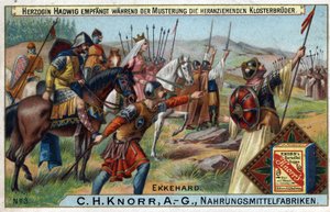 Barbareninvasionen - Während der Truppeninspektion empfängt Herzogin Hadwig die Mönche, die im Hintergrund herannahen. von Unknown artist