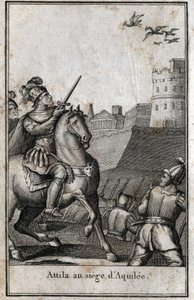 Barbarische Invasionen - Attila (ca. 406-453), König der Hunnen, während der Belagerung von Aquileia in Italien, 452. Stich in „Beauté de l