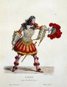 Baron Kostüm in der Rolle des Cinna im Jahr 1680. Kostüm der französischen Komödie von Hippolyte Lecomte (1781-1857). Gravur des 19. Jahrhunderts. Sammlung Let